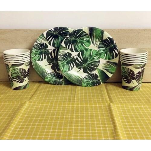 24PCS/set Green Hawaiian Palm Leaves Disposable Tableware Sets Theme 12pcs Plates+12pcs Paper Cups Party Decoration Supplies