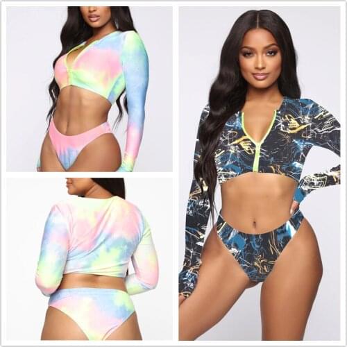 Sexy Plus Size Long Sleeve Two Piece Swimsuit High Cut Bathing Suit Zipper Front Swimwear Women Push Up Bikini Set Beach Wear