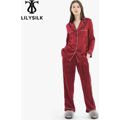 LilySilk 100 Silk Pajamas Set Gold Piping Silk Women Full Length 22 momme Mulberry Free Shipping