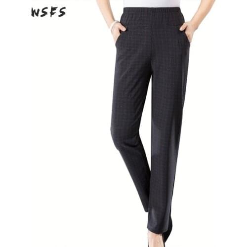 Plus Size 5xl Pants Loose Stretch Middle Aged Women Pants Black Plaid Long Summer High Waist Trousers Office Ladies Pencil Pants