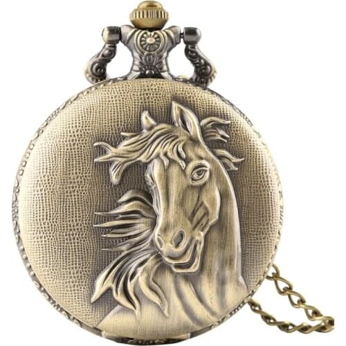 Retro Bronze 3D Horse Face Floral rattan Pocket Watch FOB Full Hunter Necklace Pendant Souvenir Birthday Gifts for Men Women Kid
