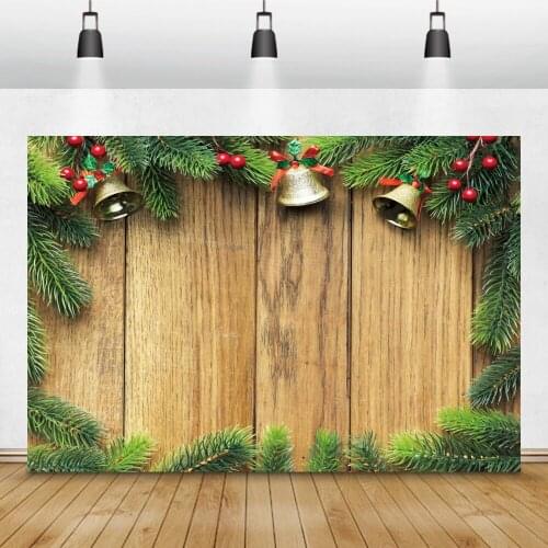 Merry Christmas Bells Wooden Boards Background Pine Leaves Pattern Baby Portrait Toys Pet Photography Backdrop For Photo Studio