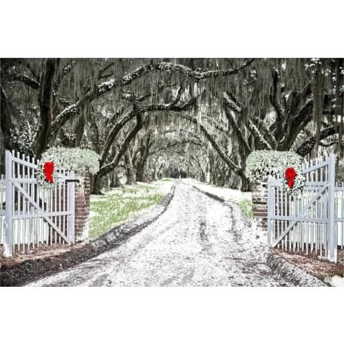 Christmas Backdrop Ancient Trees Noel Party Photography Backdrop Snow Road Peace Rustic Wood Door Rural Background Photo Studio