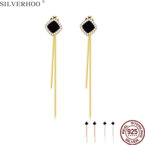 SILVERHOO Long Tassel 925 Sterling Silver Drop Earrings For Women Geometry Square Agate Gold Color Earring Luxury Jewelry Gift