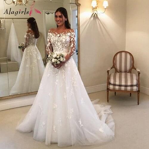 Appliques Wedding Dress Sexy Illusion Sleeves Bridal Dresses Embroidery Lace Elegant gowns Plus Size 2020 robe de mariee