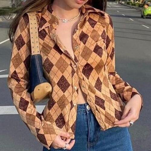 Dourbesty Vintage Brown Crop Top Single-Breasted Long Sleeve Skinny Women Autumn Harajuku Tees Female Streetwear Shirts 90s