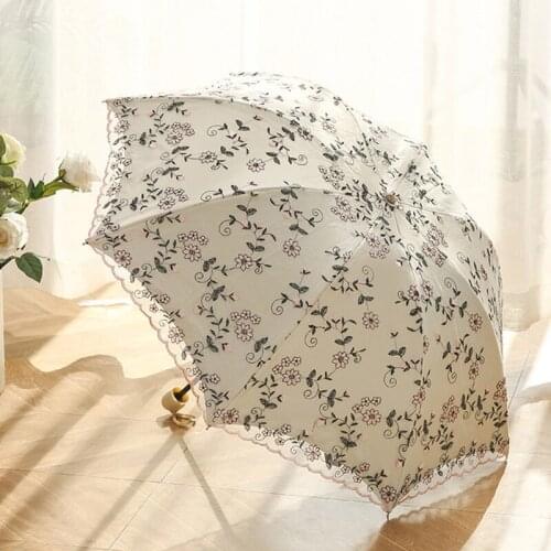 Vintage Embroidered Lace Umbrella Elegant Lady Sunshade Black Rubber Three Folding Sun Umbrella Sweet Lace Parasol