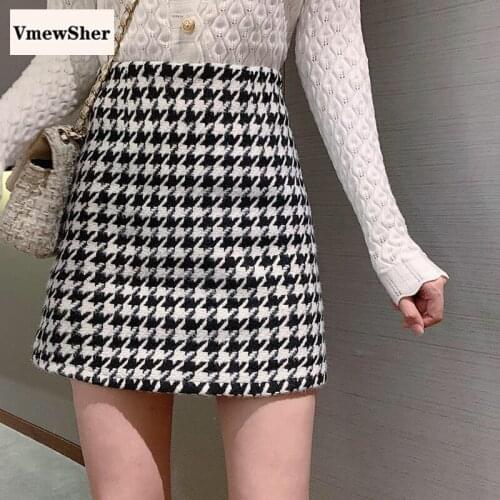 VmewSher New Houndstooth Women Skirt Woolen Plaid High Waist Slim Buttocks Mini Ladies Elegant Wrap Skirts Black Beige Fashion