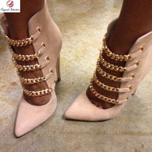 Original Intention Women Sandals Chians Pointed Toe High Heels Sandals Pink Shoes Woman Plus Size 4-15