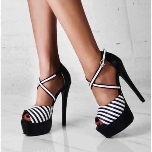 Plus Size Women Black White Striped Peep Toe Sandals Summer Ankle Crossed Strap Platform Shoes Sky High Heel Party Shoes
