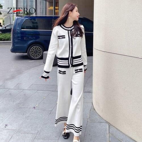 Women Knitted Sets Winter Temperament Small Fragrance Stripped Long-Sleeved Cardigants Top +High Waist Wide-Leg Pants Sets Suit