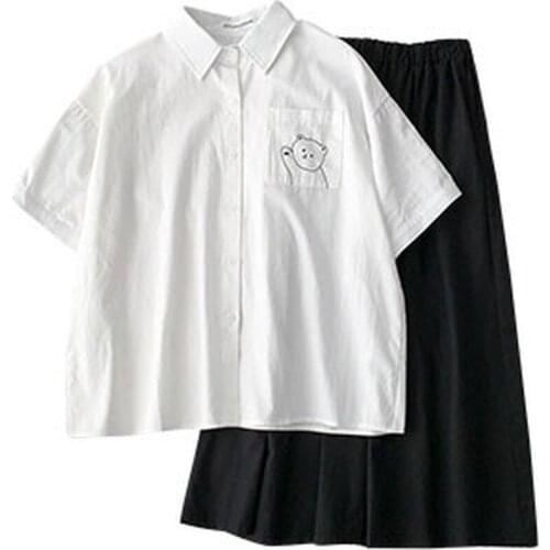 Women 2 Pcs Sets Single Breasted Bear Printed White Blouse+ Elastic Waist Pleated Calf-length Skirts Leisure Students Girls Set