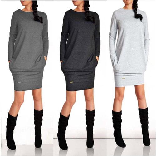 Ladies Casual Sweatshirt Dress Womens O-neck Long Sleeve Casual Solid Dress Ladies Pullover Pocket Dress
