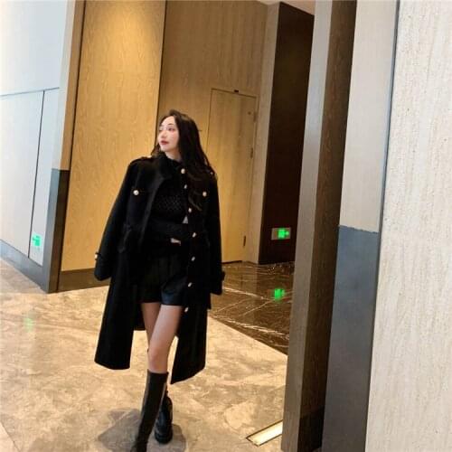 Over-the-knee loose woolen coat women 2021 winter mid-length long stand-up collar waist waist high-end retro Hepburn style