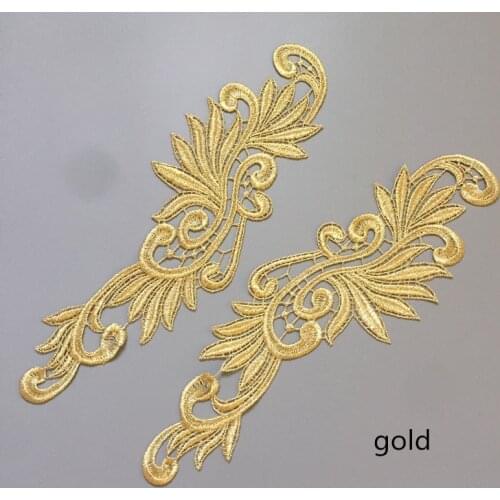 1 pair gold lace applique DIY embroidery flower patches lace collar wedding dress formal dress accessories fabric JA004