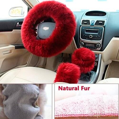 3* Plush Fur Fluffy Car Steering Wheel Cover Handbrake Cover Gear Knob Cover