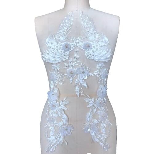 Handmade white Hot drilling Rhinestone lace embroidery patch applique wedding dress bordados DIY Performance clothing