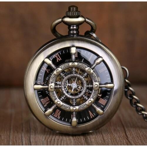 New Hand Winding Mechanical Pocket Watch Classical Bronze Openwork Pendant Pocket Watch Vintage Hollow Cover Analog for Men Gift