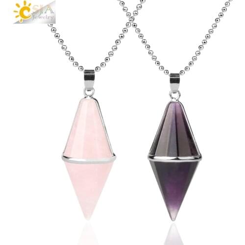 CSJA Healing Pointed Pendant Natural Crystal Multi-faceted Stones Reiki Balance Women Necklace Silver-color Fashion Jewelry G604