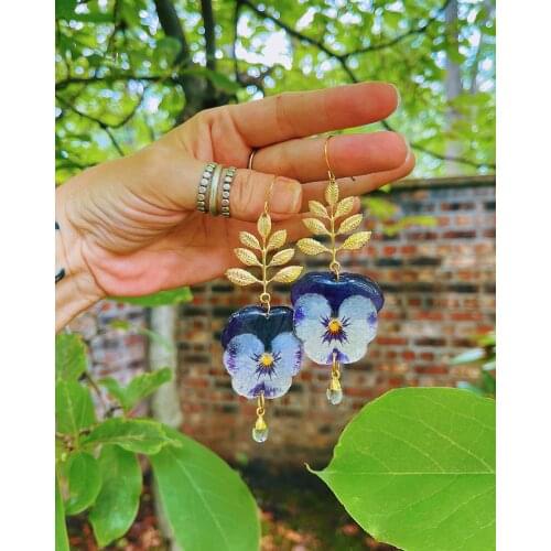 Purple/Dark Blue Pansies with Brass Leaf & Quartz Crystals,Botanical Jewelry, Birthday Gift for Mom, Flower Earrings Resin