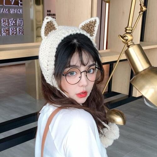 H7741 Cat Ear Knitted Beanie Hat Female Autumn Winter Warm Ear Protection Skullies Cap Women Sweet Cute Korean Student Girl Hats