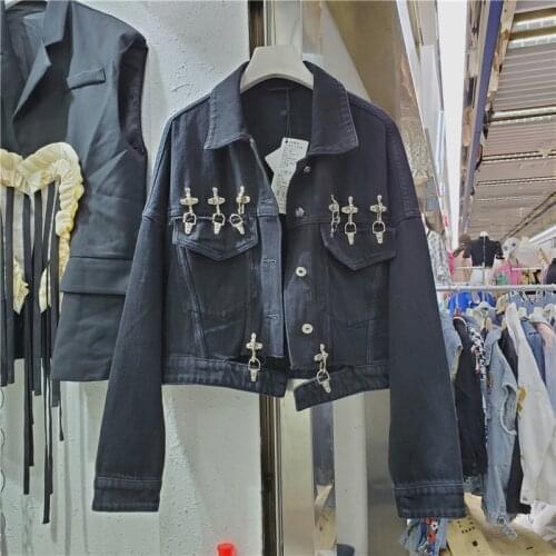 Vintage Frayed Black Denim Jacket Autumn Chic Button Decoration Women Loose Short Coat Streetwear Casual Harajuku Vetement Femme