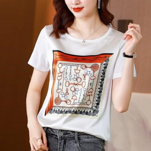 Summer Satin printing T-shirt Tops Women white Short Sleeve Casual O Neck Large size M-3XL 2021 woman tshirts