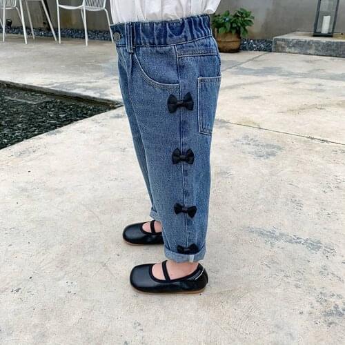 Fashion kids girls jeans trousers kids bow denim trousers kids princess straight trousers