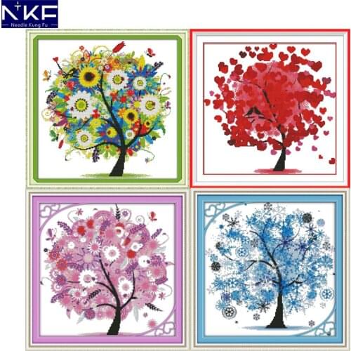 NKF Happy Tree Cross Stitch Kits DIY Handmade Craft Painting Needlework Embroidery Kit Cross Stitching Set for Home Decor