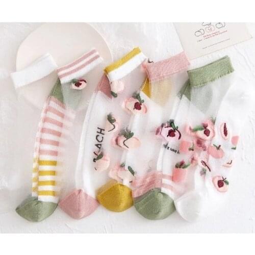 Womens Ultra-thin Transparent Glass Silk Breathable Socks Summer New Embroidery Fruit Pattern Socks Sweet and Cute Short Socks