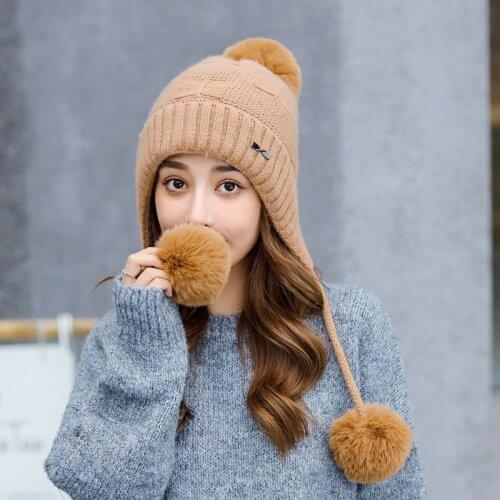 New Style Female Hat Autumn and Winter Wool Beanie Hat Sanmao Ball Back Open Knit Hat Double Thick Rabbit Fur Hat Soft Hat