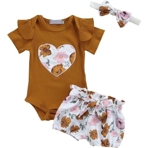 2021 2 Pcs Newborn Casual Outfits, Baby Girl Heart-shaped Pattern Fly Sleeve Round Neck Romper + Tie-up Flower Print Shorts