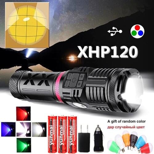 Most Power XHP120 LED Flashlight 16-core LED Beads USB Rechargeable Zoom Hunting Lantern Aluminum 18650 Torch Green Red Blue