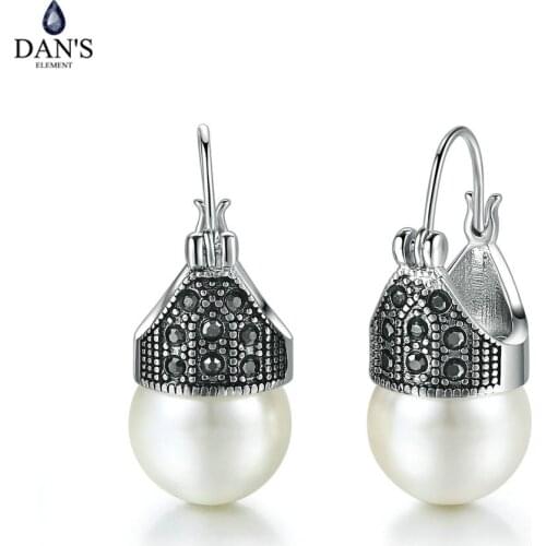 DANS ELEMENT Drop Earring For Women Vintage Imitation Pearl Black Crystal Silver Color Fashion Jewelry Wedding Party DEE700