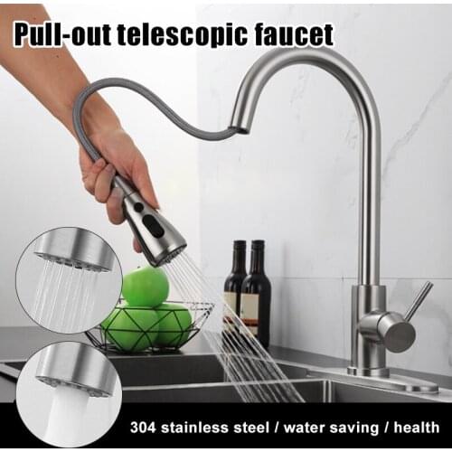Kitchen Sink Faucet Swivel Spout Deck Mount Single Hole Mixer Tap Brushed Stainless Steel Bathroom Accessories Drop Shipping