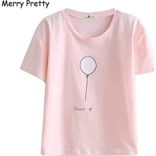 Merry Pretty Pink Summer T Shirt Women Short Sleeve Cotton T-shirts Girls Balloon Dream Up Sweet Cute Tee Top Drop Shipping