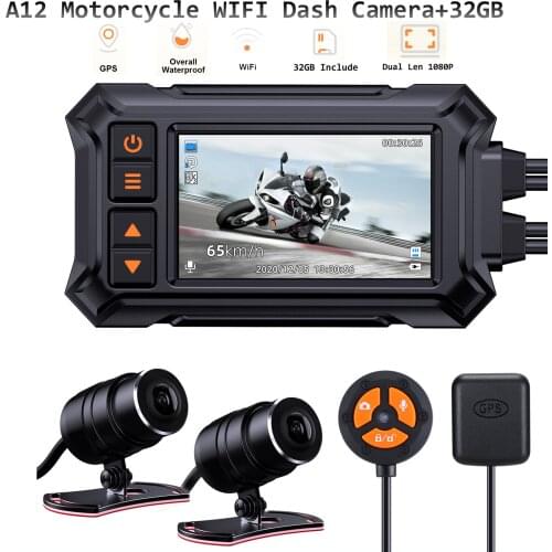 Blueskysea A12 Motorcycle Dash Cam WIFI Dash Camera HD 1080P Dual Lens GPS DVR Dashcam Waterproof Motorbike Video Recorder 32GB