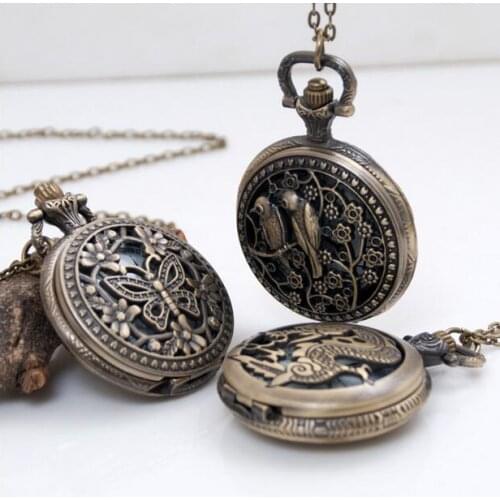 Vintage Bronze antiques Fashion quartz pendant Flip clock Hollow out Necklace pocket watches gift PO587