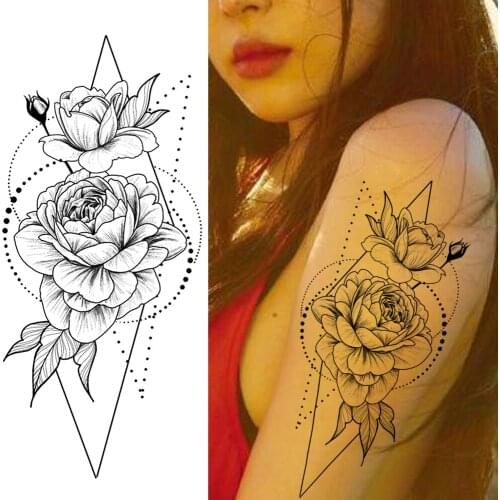 Creative Geometic Flower Temporary Tattoos Sticker For Women Girls Body Art Peony Drawing Triangle Rose Design Fake Tatoo