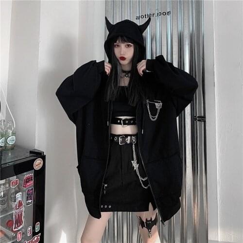 Harajuku Hoodies Streetwear Little Devil Horns Gothic Hooded Sweatshirts Women Loose Pullovers Pocket Tops Streetwear