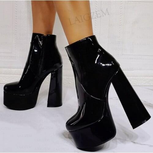 BERZIMER Women Ankle Boots Platform Round Toe Block High Heels Zip Up Booties Shiny Customize Shoes Woman Botas Big Size 44 47
