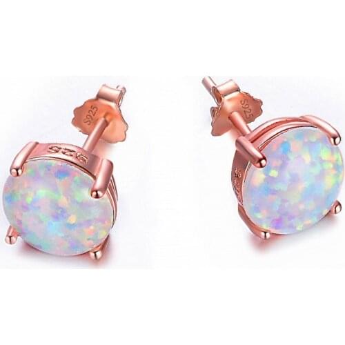 Charm Female Cute White Opal Stud Earrings 8MM Round Stone Wedding Earrings Dainty Rose Gold Color Engagement Earrings For Women