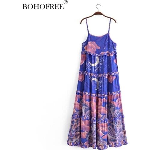 Boho Dresses V Neck Spaghetti Strap Floral Print Moon Star Sleeveless Summer Vestidos Women Daytime Dress