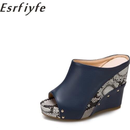 ESRFIYFE 2021 New Summer Peep Toe Platform Wedge Slippers Shoes Women Fashion High Heel Snakeskin Grain Hollow Out Female Shoes