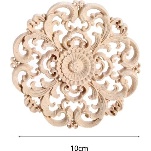 1 pc unpainted Round Flower Pattern Wood Carved Applique for wall doors furniture cabinets cupboards windows DIY