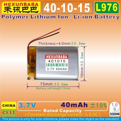 10pcs [L976] 3.7V 40mAh [401015] Polymer lithium ion / Li-ion battery for BLUETOOTH earphone,speaker,GPS,MP3;CAMERA;MP4