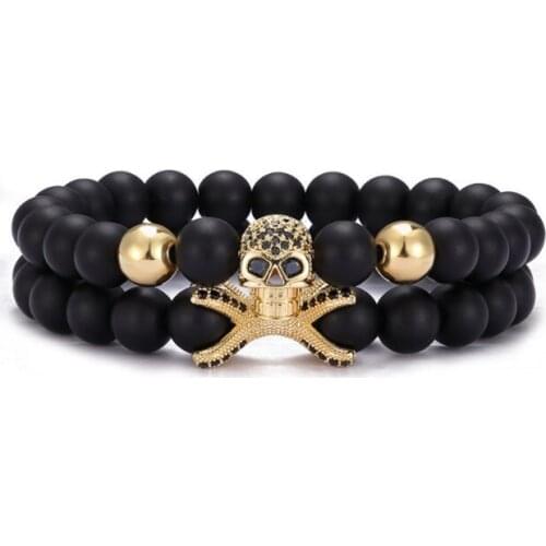 2pcs/lot 8mm skull crown gold silver copper cz zircon cubic zirconia beads bohemian Bracelet agate Onyx Stone Bangles 3dg3