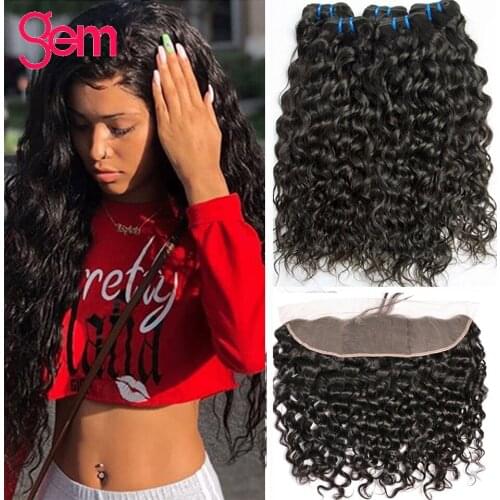 30 inch Water Wave Bundles with Frontal Bundles Human Hair Extensions GEM Peruvian Hair Weave Bundles with 13x4 Lace Frontal