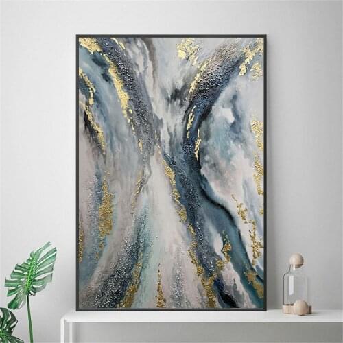 Abstract Gilt Texture Canvas Painting Nordic Blue Sea Landscape Art Print Poster Living Room Hotel Home Aesthetic Decoration