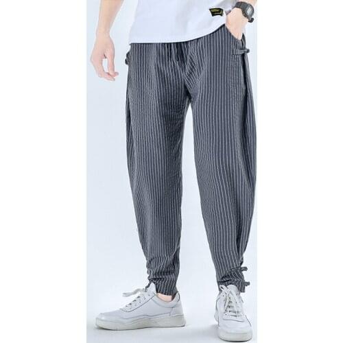 Mens Casual Loose Striped Cropped Pants Nice Summer Hip Hop Streetwear Elastic Waist Chinese style Cotton Linen Casual Pants